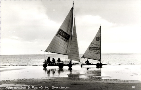 Postcard Sankt Peter Ording in North Friesland, view of beach sailors