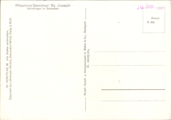 Postcard Reimlingen in Swabia, aerial view of Reimlingen, Mission Seminary St. Joseph, rural surroundings