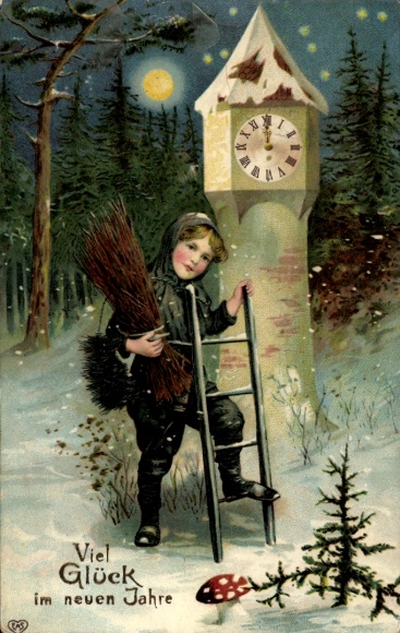 Embossed Postcard Happy New Year, chimney sweep, clock, fly agaric, EAS
