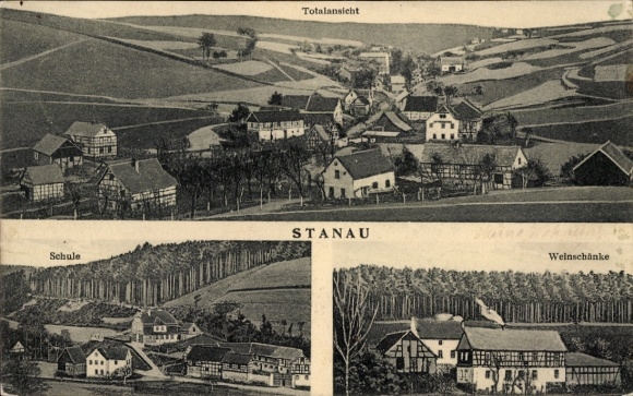 Ak Stanau Neustadt an der Orla Thüringen, Gesamtansicht, Schule, Weinschänke