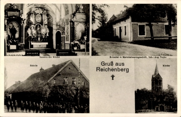 Photo Postcard Kraszewo Reichenberg East Prussia, church, interior view, school, commercial building Aug. Taube