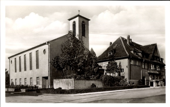 Postcard Hattersheim am Main, Evangelical Church, Town Hall