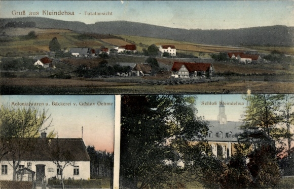 Ak Kleindehsa Lawalde in Lausitz, kruidenierswinkel, kasteel, totaal uitzicht