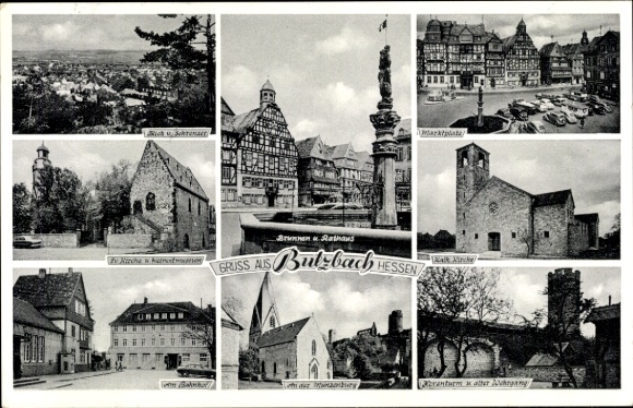 Postcard Butzbach im Taunus Hesse, market square, witch's tower, battlement, Protestant church