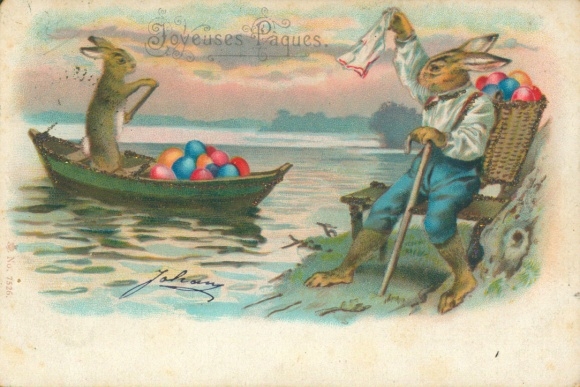 Glitter Chromo-Litho Happy Easter, Easter bunnies, rowing boat, Easter eggs