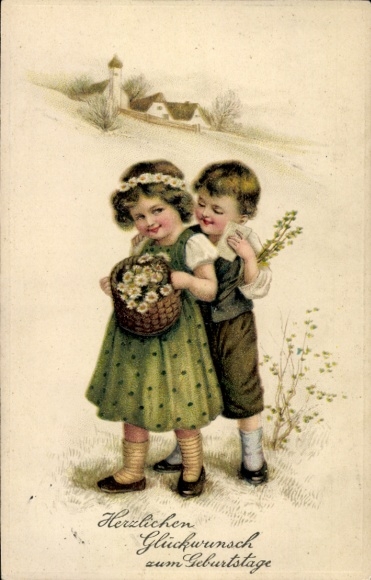 Embossed Postcard Congratulations Birthday, Flower Basket, Girl, Boy