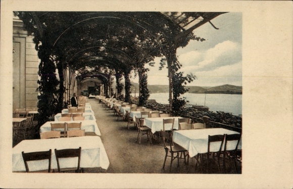 Ak Remagen am Rhein, Terrasse mit Tischen, Weinreben, Blick auf den Rhein
