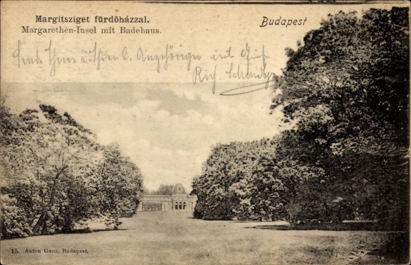 KP Margitsziget Wyspa Małgorzaty Budapeszt Węgry, Wyspa Małgorzaty, łaźnia, drzewa,