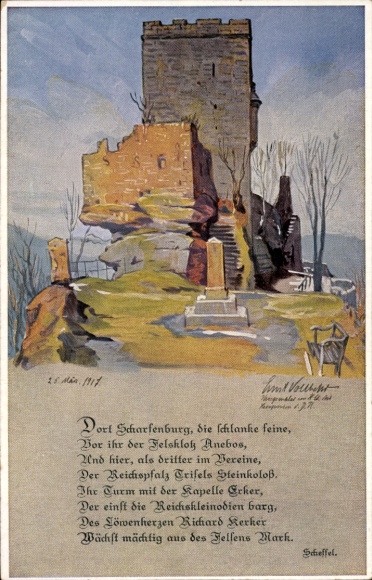 Künstler Ak Vollbehr, Ernst, Ruine Trifels, Bergfried, Reichskleinodienkapelle, Gedicht Scheffel