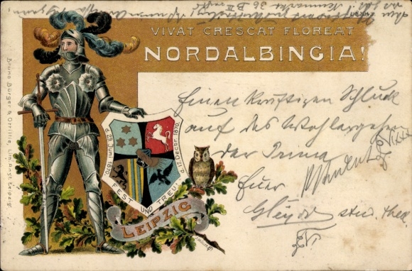 Studentika Embossed Chromo-Litho Leipzig, Nordalbingia, Knight, Coat of Arms, BB&OL 3043