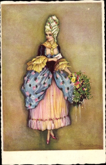 Artist Postcard Busi, lady with wig in colorful dress