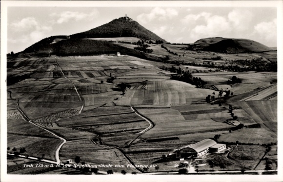 Postcard Owen unter Teck Württemberg, Teck Castle, gliding site, aerial photograph