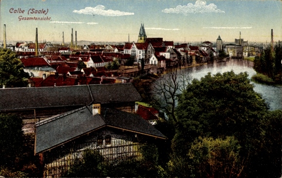 Ak Calbe an der Saale, Blick über die Stadt, Fluss, Kirche, Gesamtansicht
