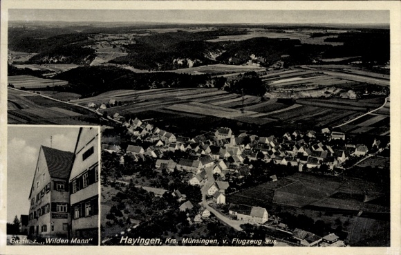 Ak Hayingen auf der Schwäbischen Alb, Luftaufnahme, Häuser, Felder, Gasthaus "Wilder Mann"