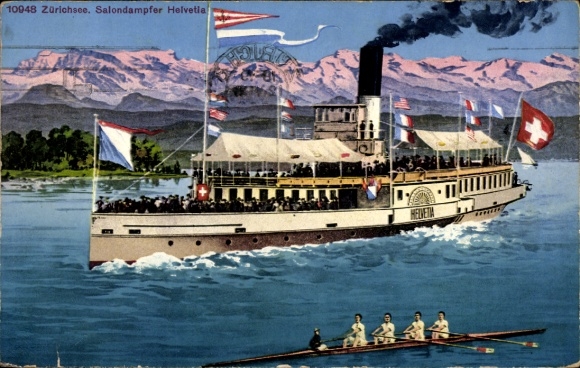 Ak Lake Zurich, salonstoomboot Helvetia, roeigezelschap