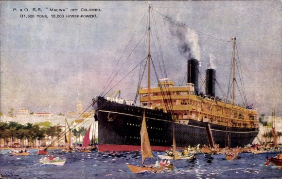 Kunstenaar Ak SS Malwa voor de kust van Colombo, schiereiland en oosterse stoomnavigatie P&O