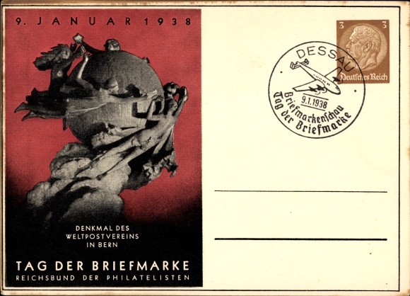 Ganzsachen Ak 9. Januar 1938, Tag der Briefmarke, Denkmal des Weltpostvereins