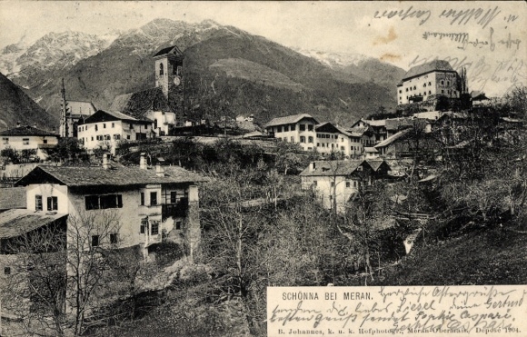 Postcard Schenna Scena Schönna South Tyrol, mountain landscape with houses, church tower, winter landscape