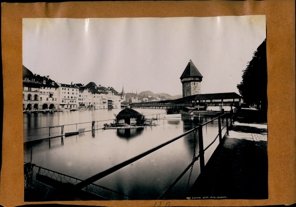 Photo around 1890, Lucerne city Switzerland, Pont de la Chapelle, Gütsch cable car