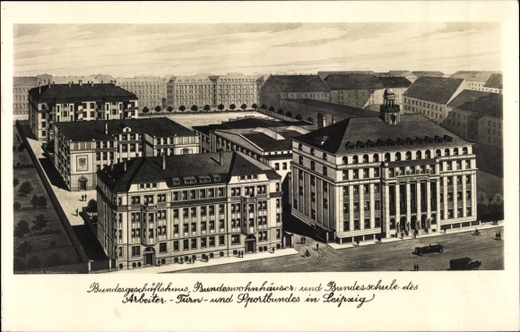 Postcard Leipzig in Saxony, federal office building of the workers&#39; gymnastics and sports association, residential buildings