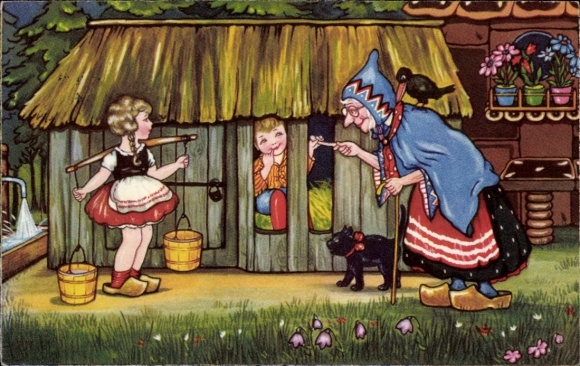 Kunstenaar Ak Boriss, M., Hans en Grietje, Hans en Grietje, Heks, Kat