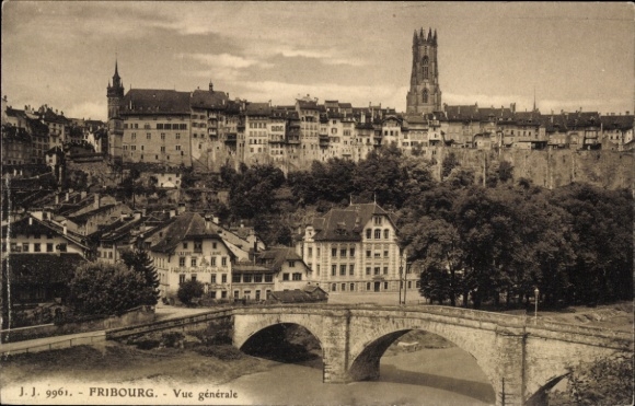 KP Fribourg Freiburg miasto Szwajcaria, widok ogólny, most, widok miasta, wieżowiec