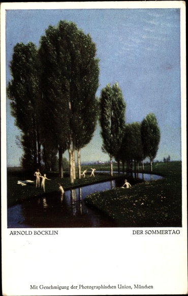 Artist Postcard Böcklin, A., summer day, river, people bathing