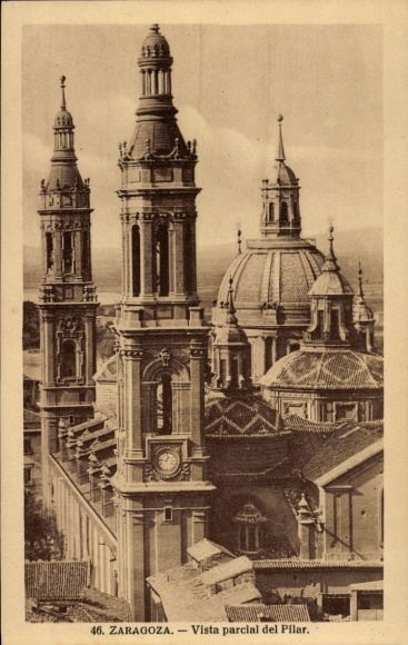 Ak Zaragoza Saragossa Aragonien, Teilansicht der Basilika del Pilar, Türme, Kuppel