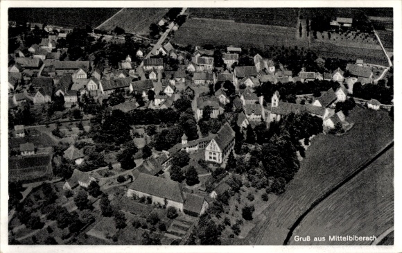 Postcard Mittelbiberach in Upper Swabia, aerial photograph