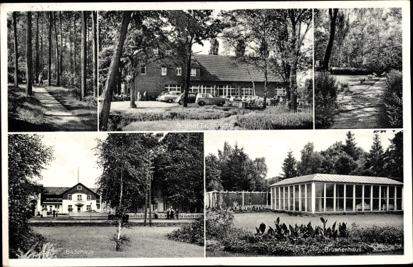 Postcard Bad Waldliesborn Lippstadt North Rhine-Westphalia, Gasthof Fr. Schulte, fountain house, bathhouse