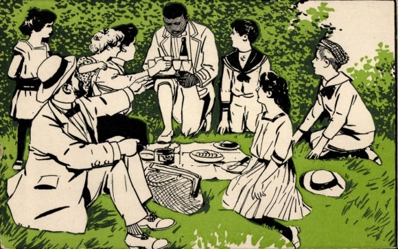 Postcard advertising, Kaiserbrunnen table water, family at a picnic, servant