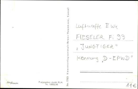 Postcard Fieseler Fi 99, school, sports and travel aircraft, Jung-Tiger, D-EPWD