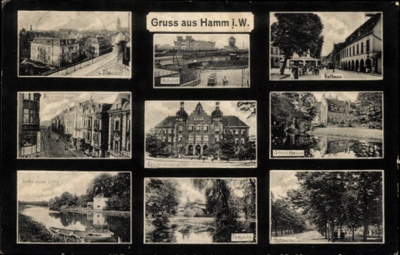 Postcard Hamm in Westphalia, Greetings from Hamm jW, Town Hall, various views, picturesque landscape