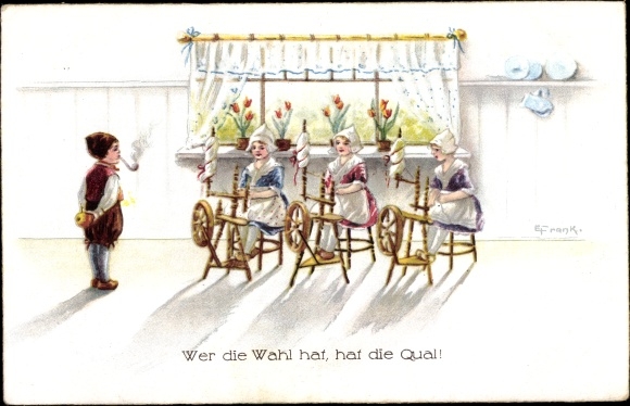Artist PC Frank, E., girl spinning, spinning wheel, smoking boy, spoiled for choice
