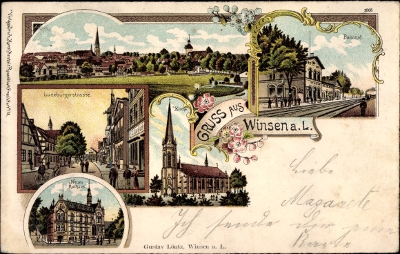 Litho Winsen an der Luhe, Lüneburger Straße, kerk, treinstation, nieuw stadhuis, afstandsschot
