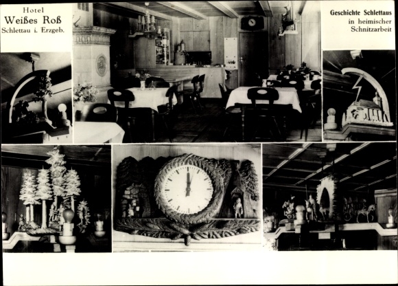 Postcard Schlettau in the Ore Mountains, Hotel Weisses Ross, owner Reinhard Schlegel, wood carvings, clock