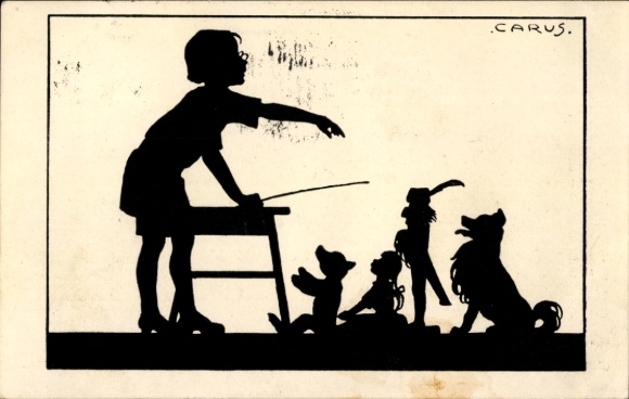 Paper cutting artist Postcard Carus, child as teacher, toys, dog