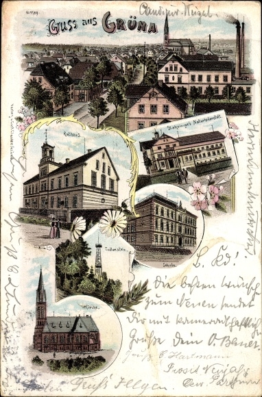 Litho Grüna in Sachsen, Rathaus, Stahringer's Naturheilanstalt, Schule, Kirche