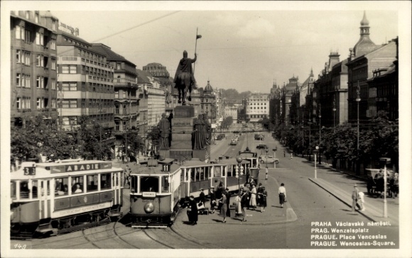 Postcard Praha Prague, Wenceslas Square, tram, equestrian monument