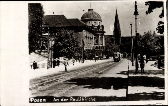 Postcard Poznań Poznań, Pauli Church, tram