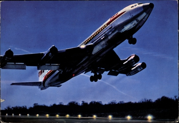 Postcard US American passenger aircraft, Boeing 707 B, TWA