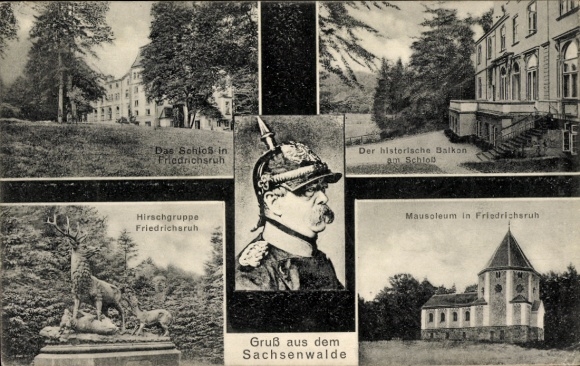 Ak Friedrichsruh Aumühle in het hertogdom Lauenburg, het kasteel, historisch balkon, groep herten...