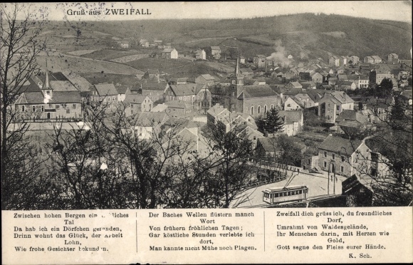 Postcard Zweifall Stolberg in the Rhineland, view over the roofs of the place, poem, tram