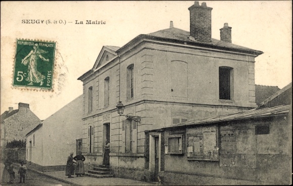Ak Seugy Val d’Oise, La Mairie, französische , schwarz-weiße Fotografie, 5 Centimes Stempel