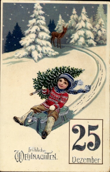 Glitter Postcard Merry Christmas, boy with Christmas tree, sleigh