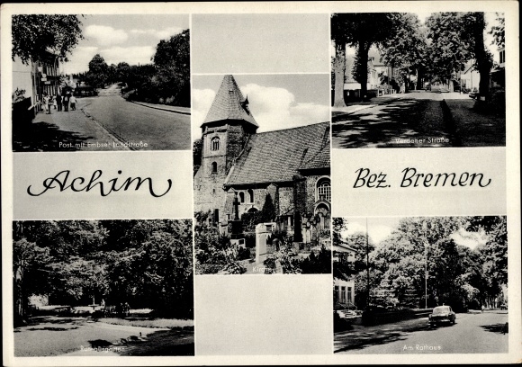 Postcard Achim an der Weser, post office, country road, church, at the town hall, street view