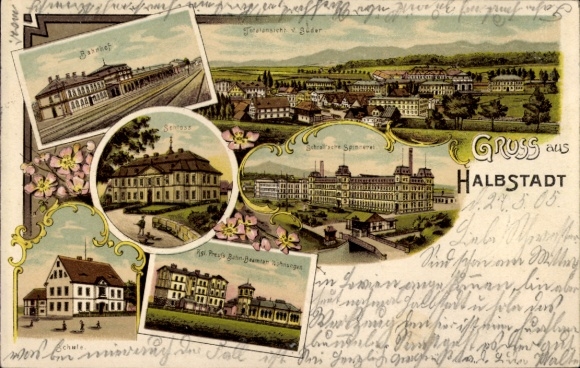litho Meziměstí Halbstadt Regio Königgrätz, treinstation, spinnerij, kasteel, appartementen van spoorwegambtenaren