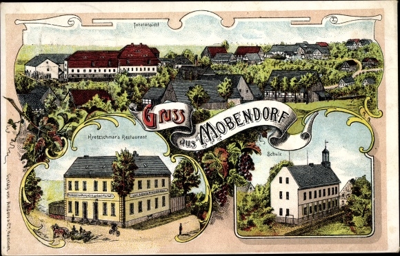Ak Mobendorf Striegistal in Sachsen, Totalansicht, Kretzschmars Restaurant, Schule