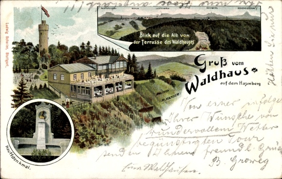 Postcard Stuttgart in Baden Württemberg, Waldhaus on the Hasenberg, Hauff monument, observation tower