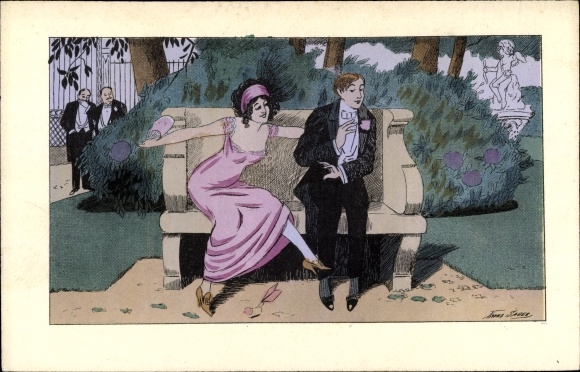 Artist PC Sager, X., Lovers, Shy Man, Woman in a Pink Dress, Park